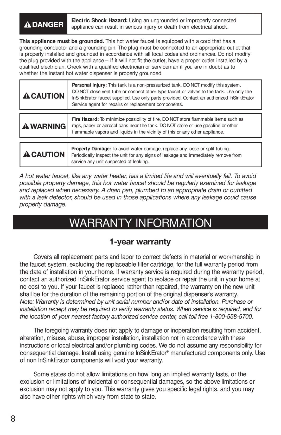 InSinkErator FAUCET owner manual Warranty Information, Service agent for repairs or replacement components 