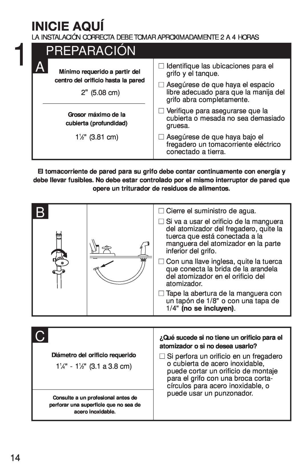 InSinkErator FAUCET owner manual Inicie Aquí, Preparación, 2 5.08 cm, 11⁄2 3.81 cm, 11⁄4 - 11⁄2 3.1 a 3.8 cm 