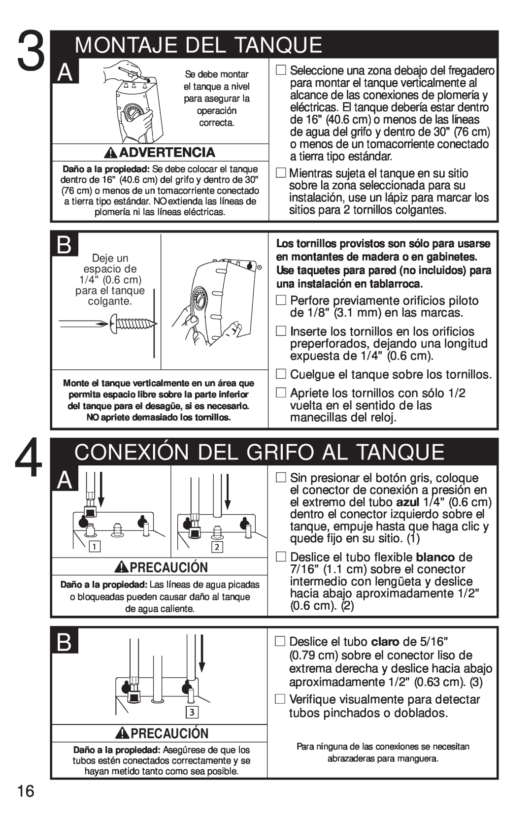 InSinkErator FAUCET owner manual Montaje Del Tanque, Conexión Del Grifo Al Tanque, Advertencia, Precaución 