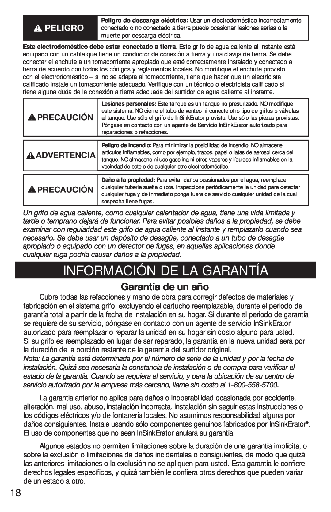 InSinkErator FAUCET owner manual Información De La Garantía, Garantía de un año, Advertencia, Precaución 
