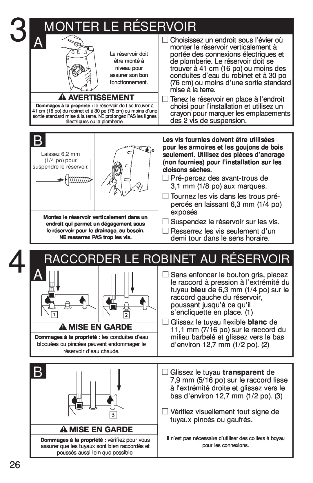 InSinkErator FAUCET owner manual Monter Le Réservoir, Avertissement, Raccorder Le Robinet Au Réservoir, Mise En Garde 