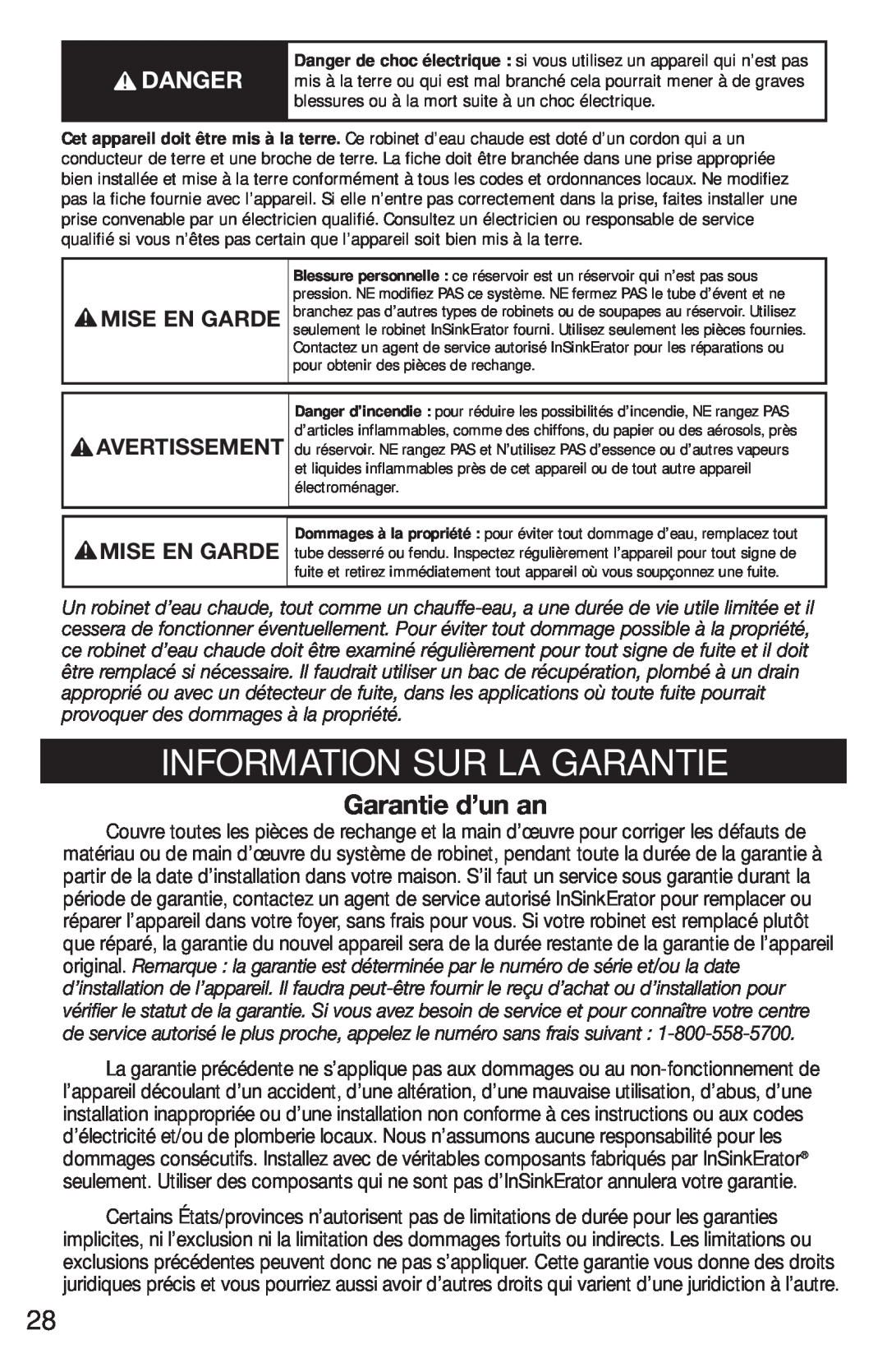 InSinkErator FAUCET owner manual Information Sur La Garantie, Garantie d’un an, Mise En Garde, Avertissement 