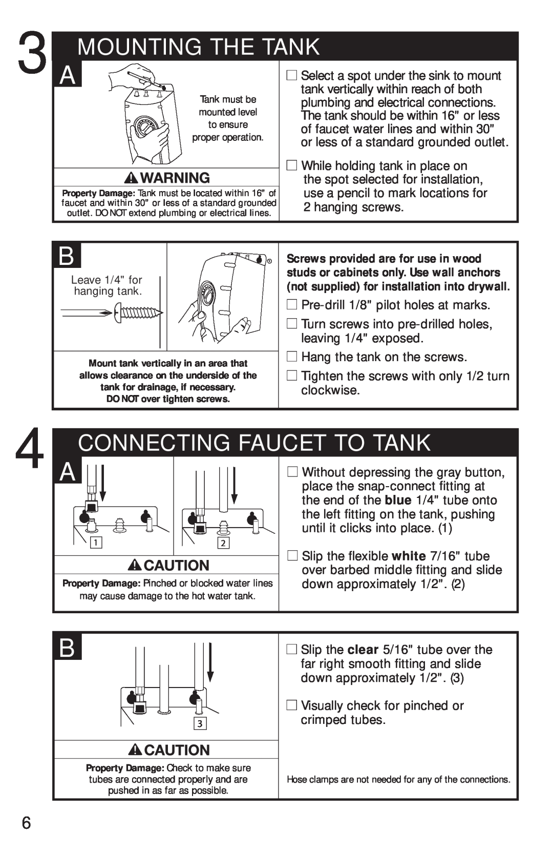 InSinkErator FAUCET owner manual Mounting The Tank, Connecting Faucet To Tank 