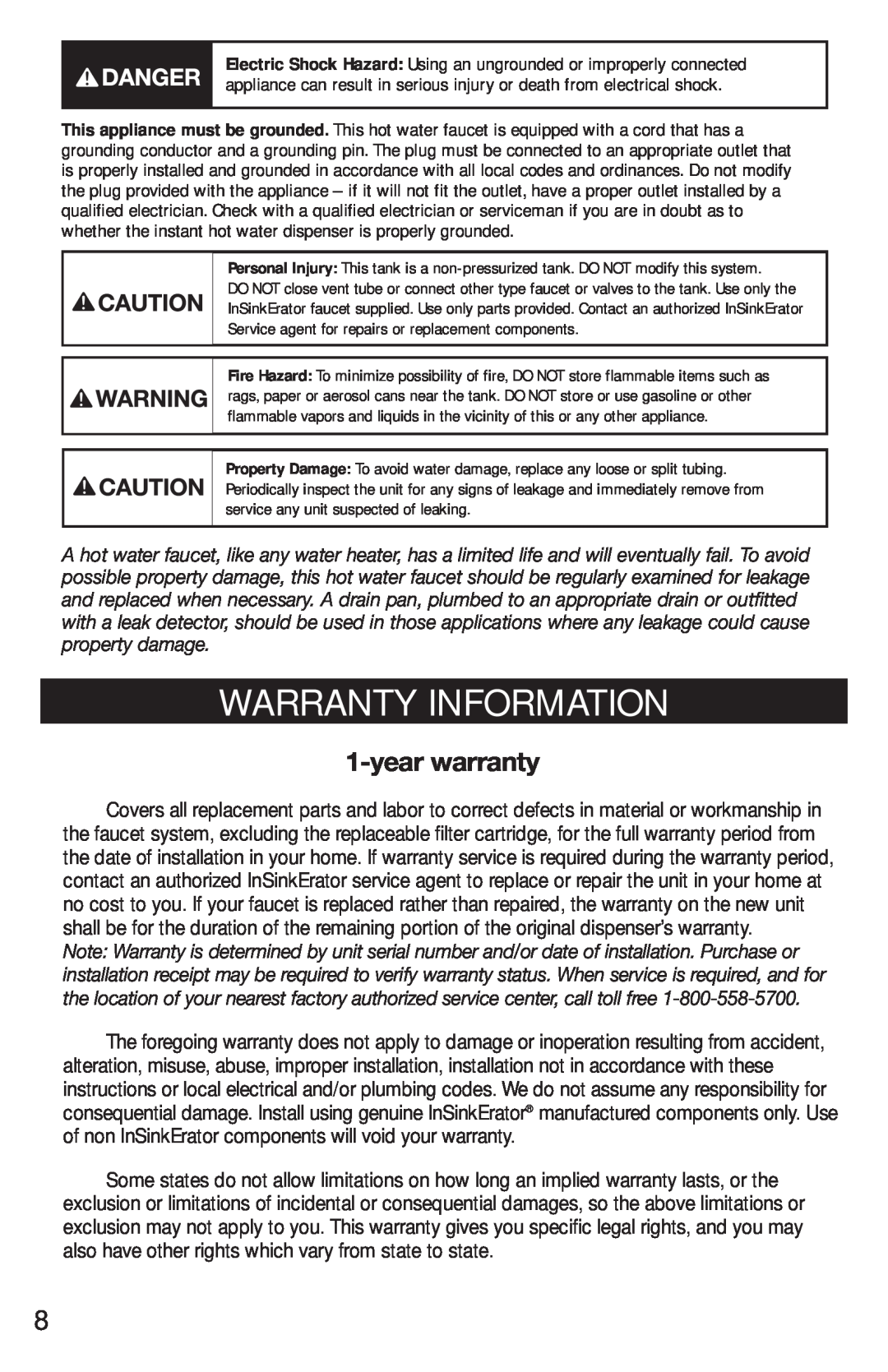 InSinkErator FAUCET owner manual Warranty Information, yearwarranty 
