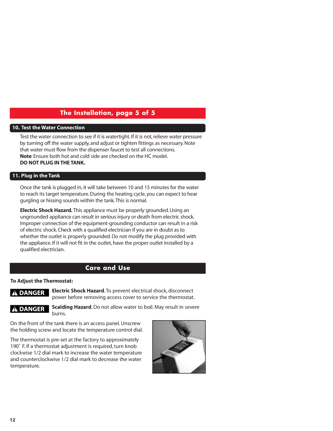 InSinkErator GN1100, HC1100 owner manual Installation, page 5, Care and Use, Test the Water Connection, Plug in the Tank 