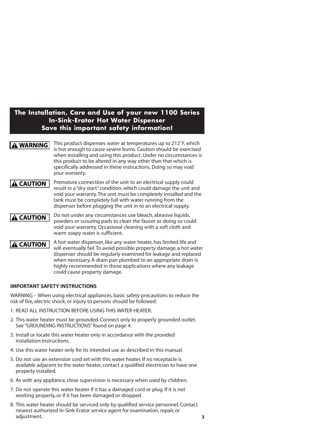 InSinkErator HC1100, GN1100 owner manual Important Safety Instructions, Adjustment 