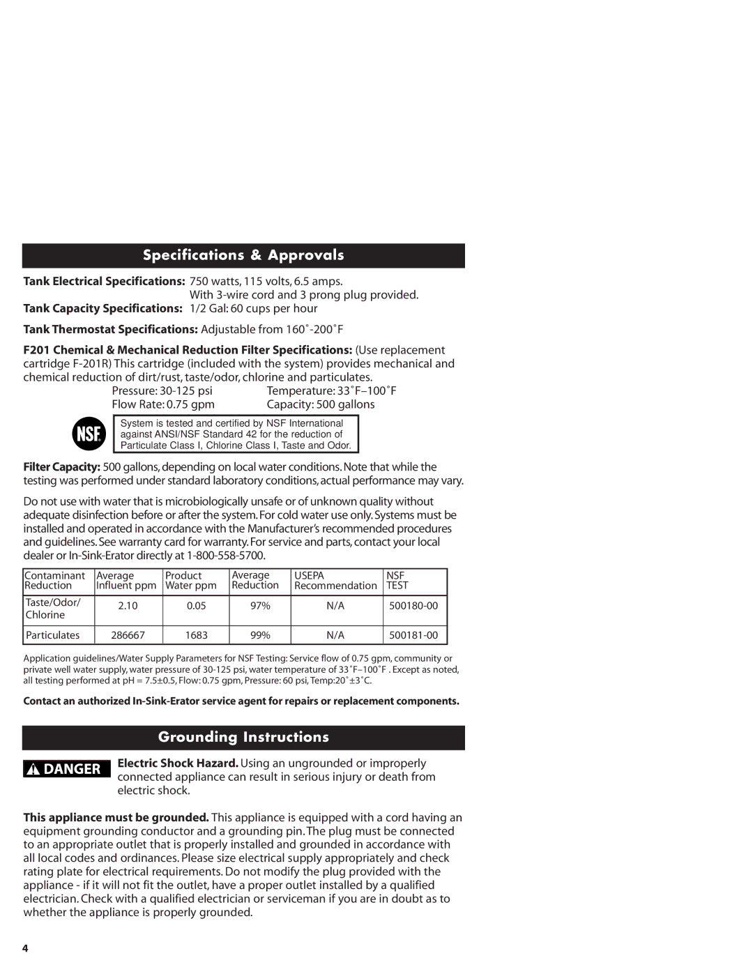 InSinkErator GN1100, HC1100 owner manual Specifications & Approvals, Grounding Instructions 