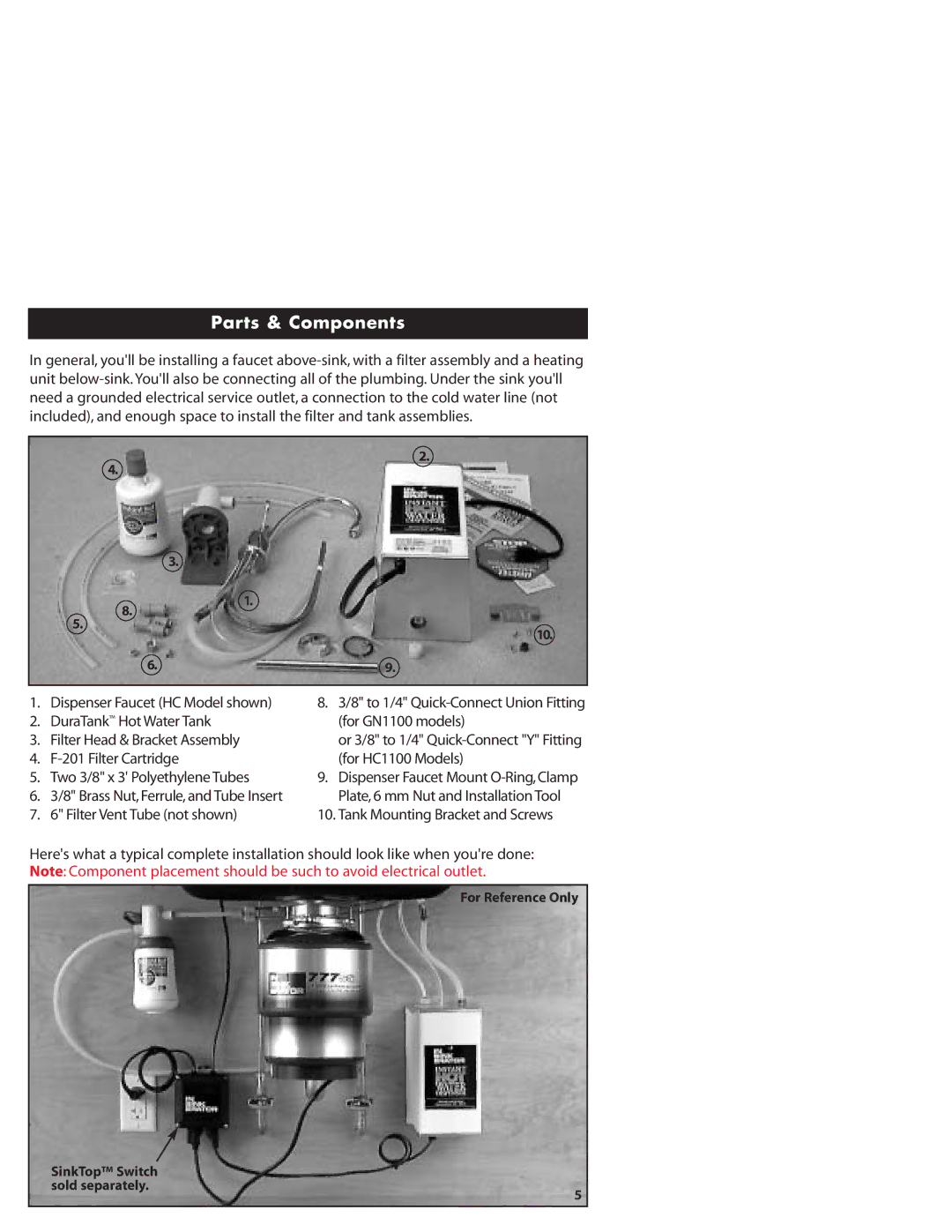 InSinkErator HC1100, GN1100 owner manual Parts & Components, Tank Mounting Bracket and Screws 