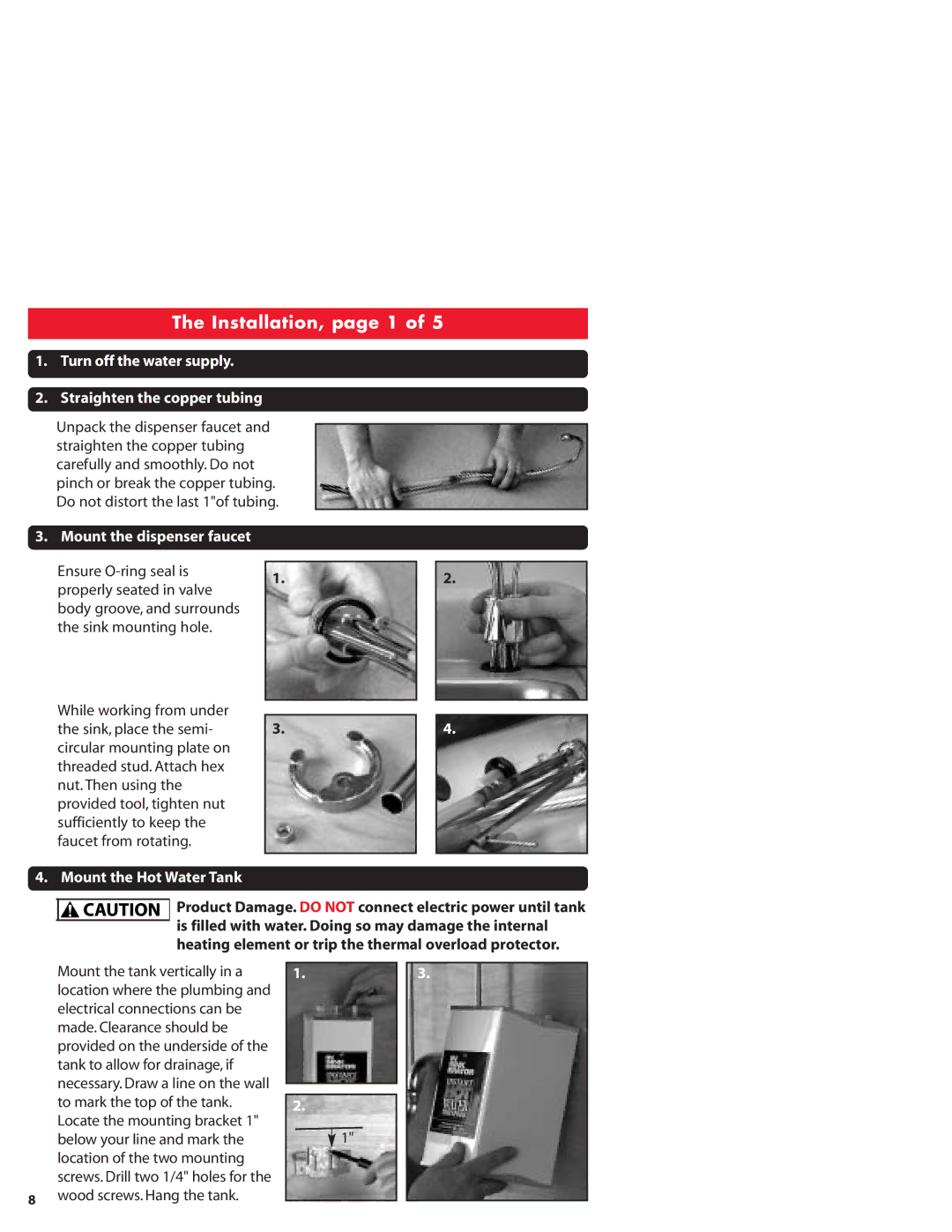 InSinkErator GN1100 Installation, page 1, Turn off the water supply Straighten the copper tubing, Mount the Hot Water Tank 