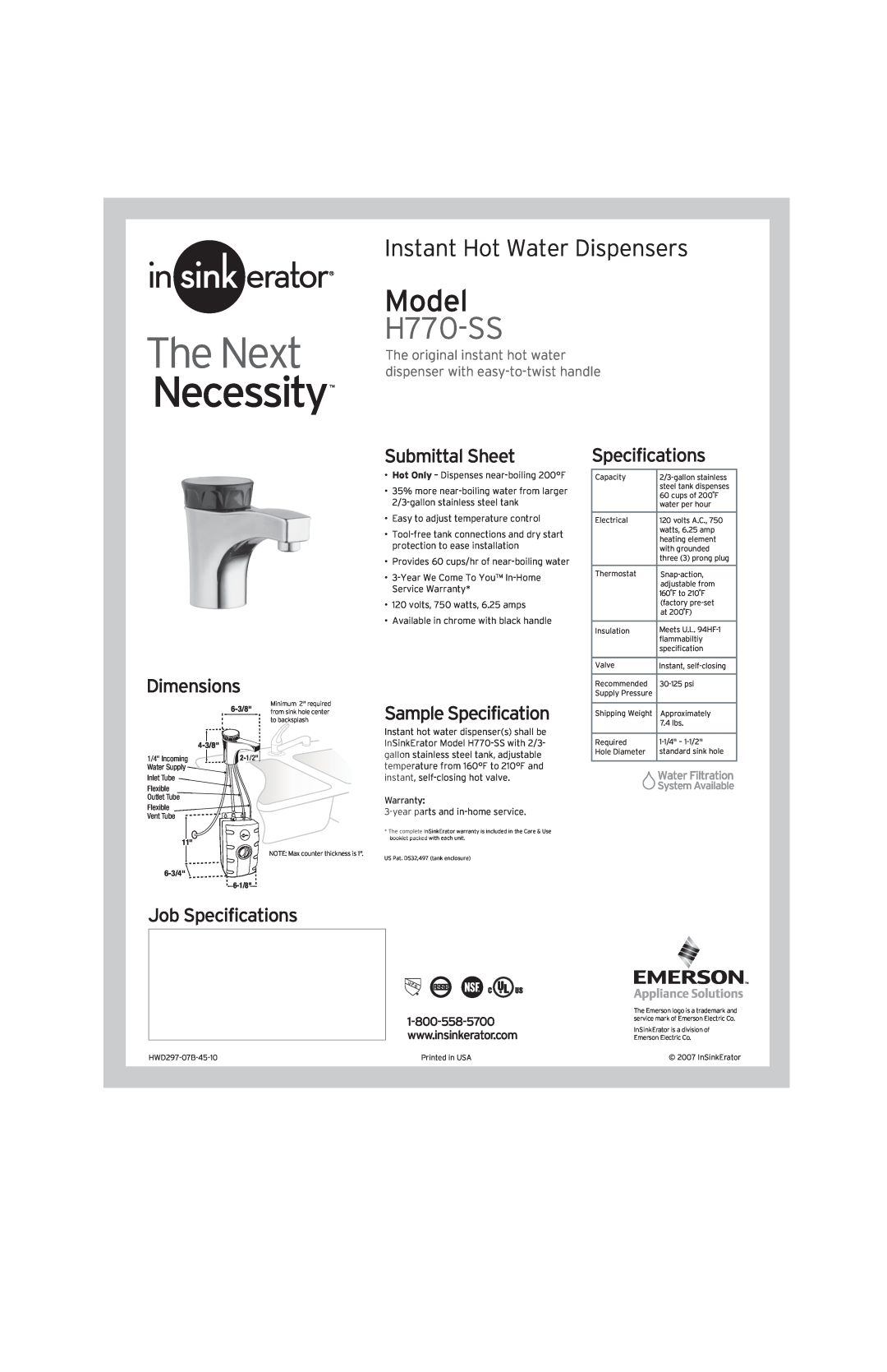 InSinkErator H770-SS dimensions The Next, Necessity, Model, Instant Hot Water Dispensers, Submittal Sheet, Specifications 