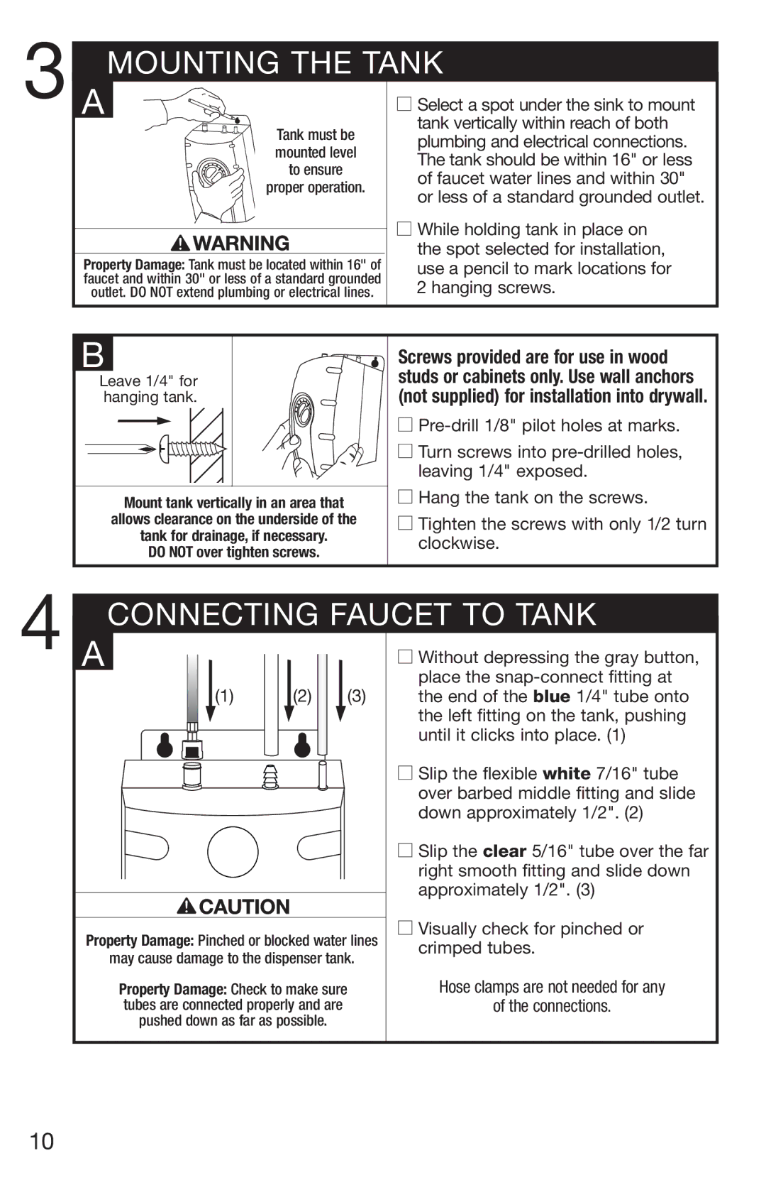 InSinkErator HC3/GN3, H770 owner manual Mounting the Tank, Connecting Faucet to Tank, Leave 1/4 for hanging tank 