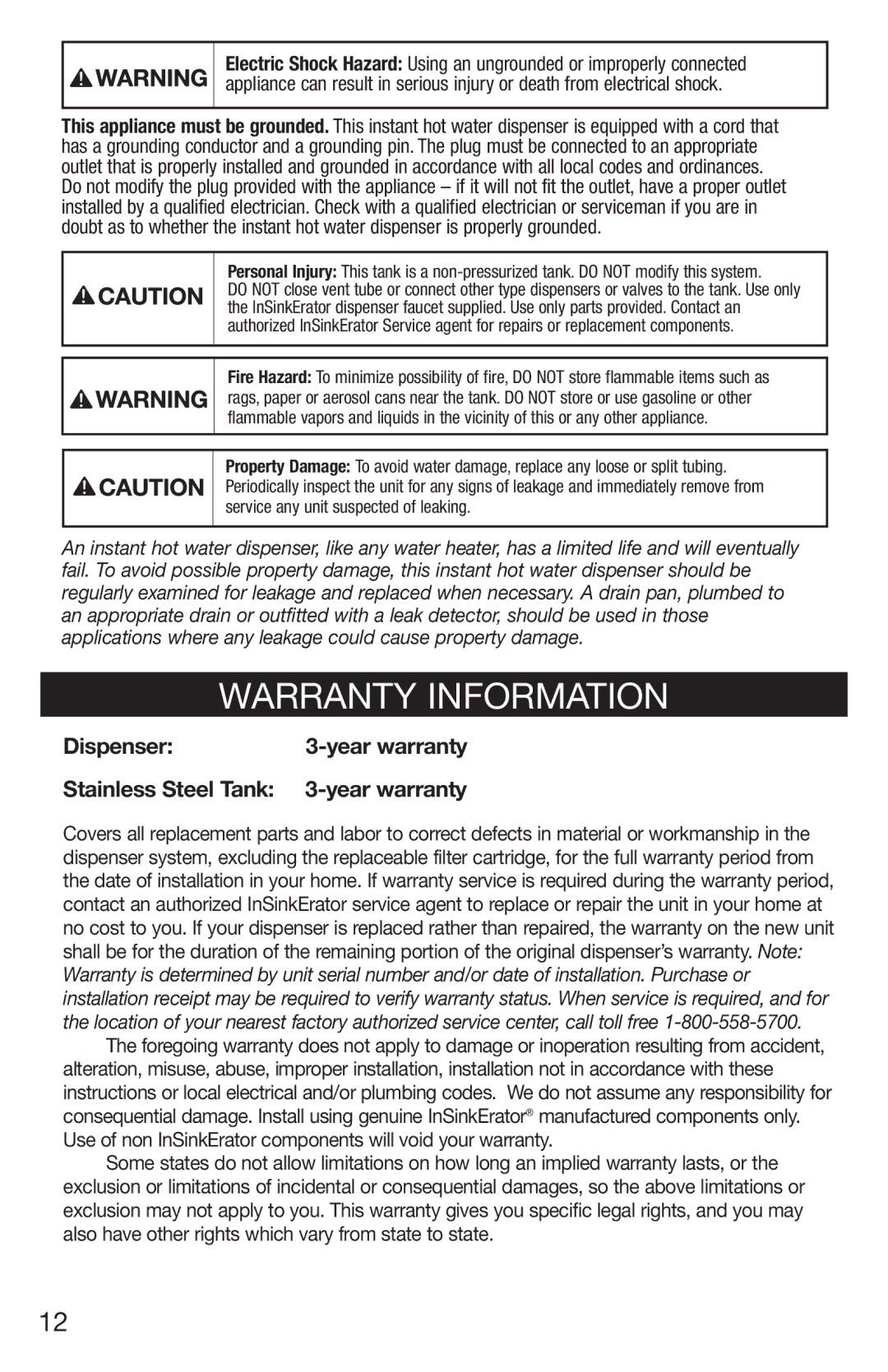 InSinkErator HC3/GN3, H770 owner manual Warranty Information, Year warranty 