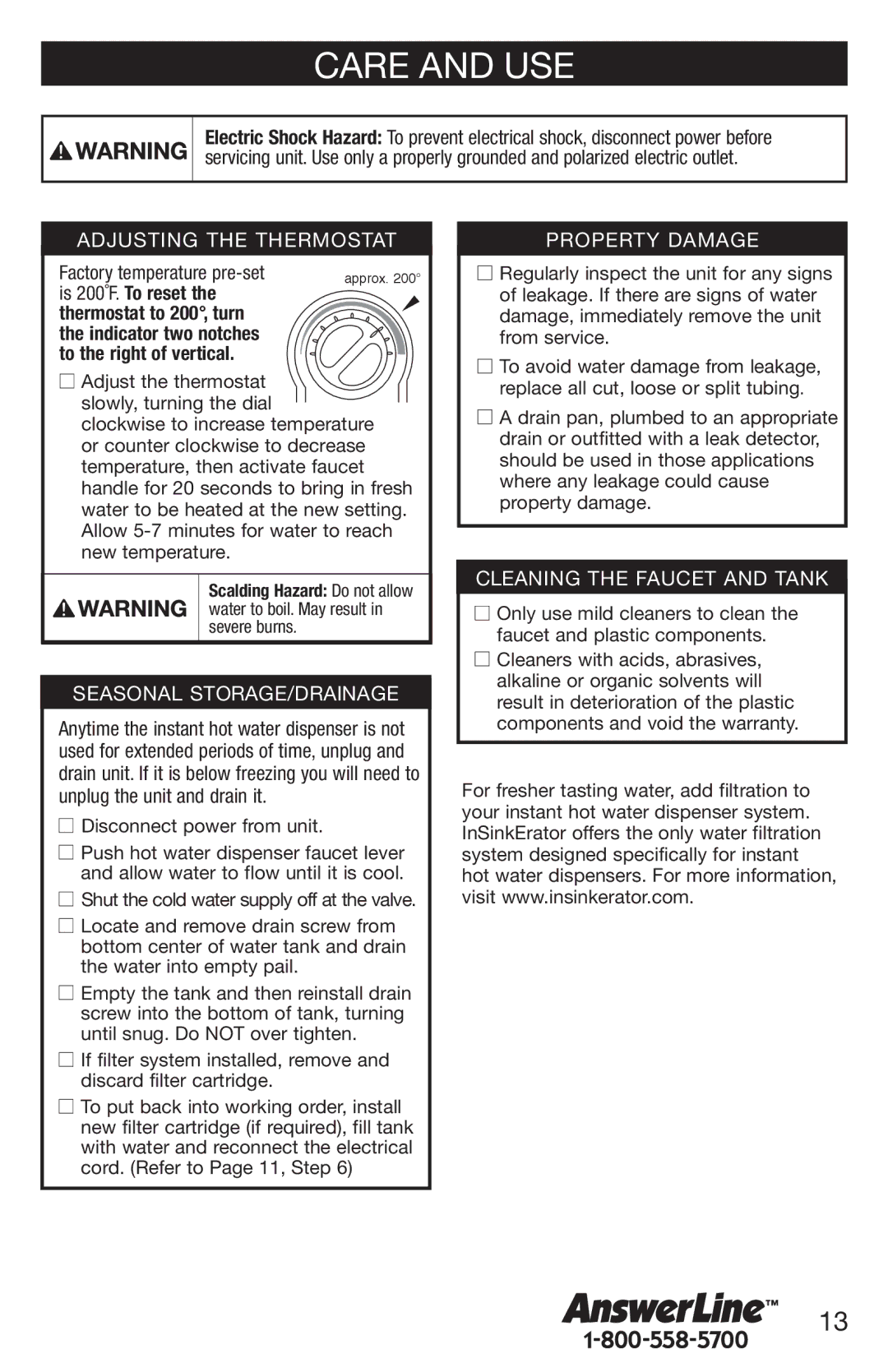 InSinkErator H770, HC3/GN3 owner manual Care and USE, Factory temperature pre-set 