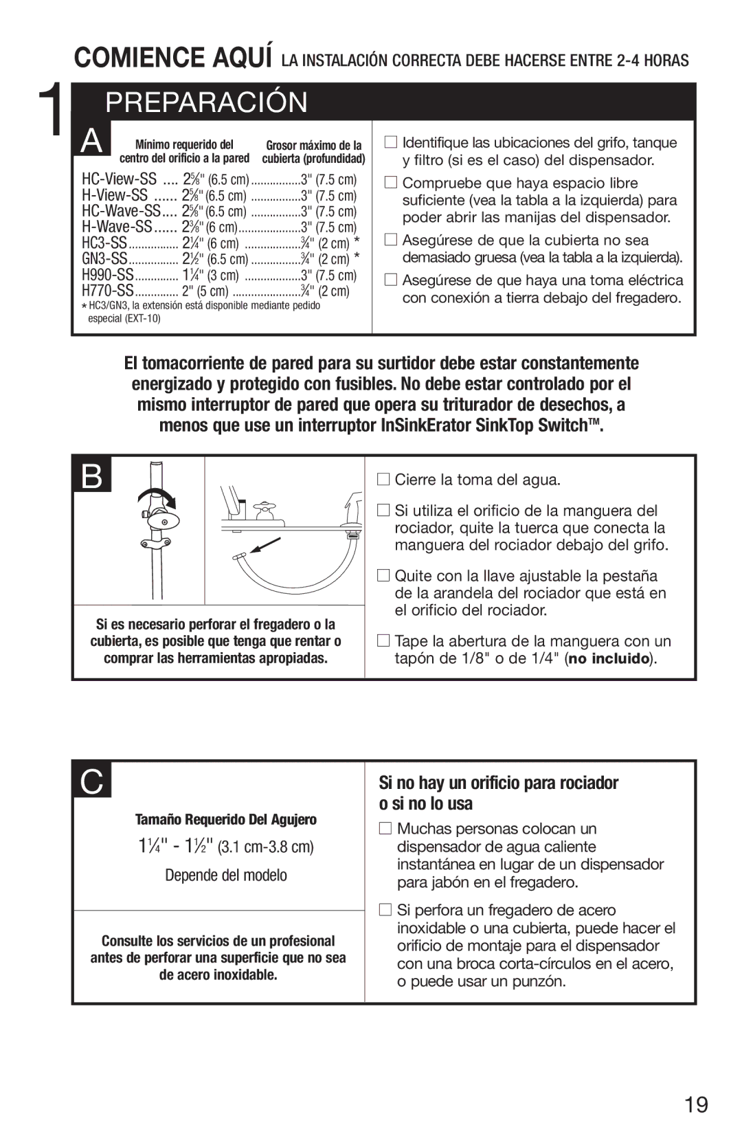 InSinkErator H770, HC3/GN3 owner manual Preparación, 5 cm, ⁄4 2 cm, Wave-SS 