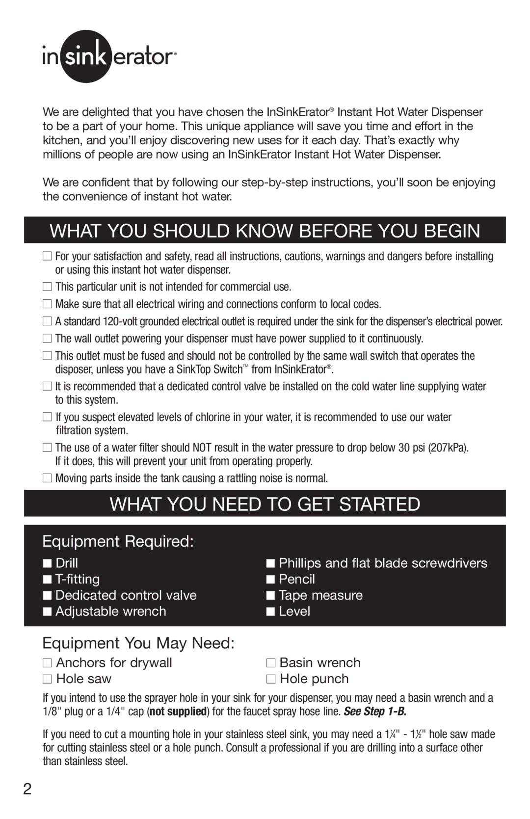 InSinkErator HC3/GN3, H770 owner manual What YOU should Know Before YOU Begin, What YOU Need to GET Started 