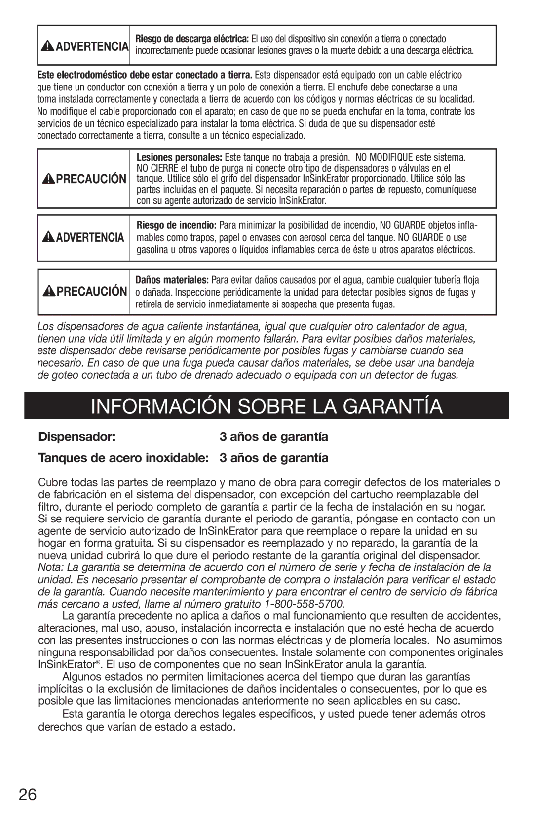 InSinkErator HC3/GN3, H770 owner manual Información Sobre LA Garantía, Años de garantía 