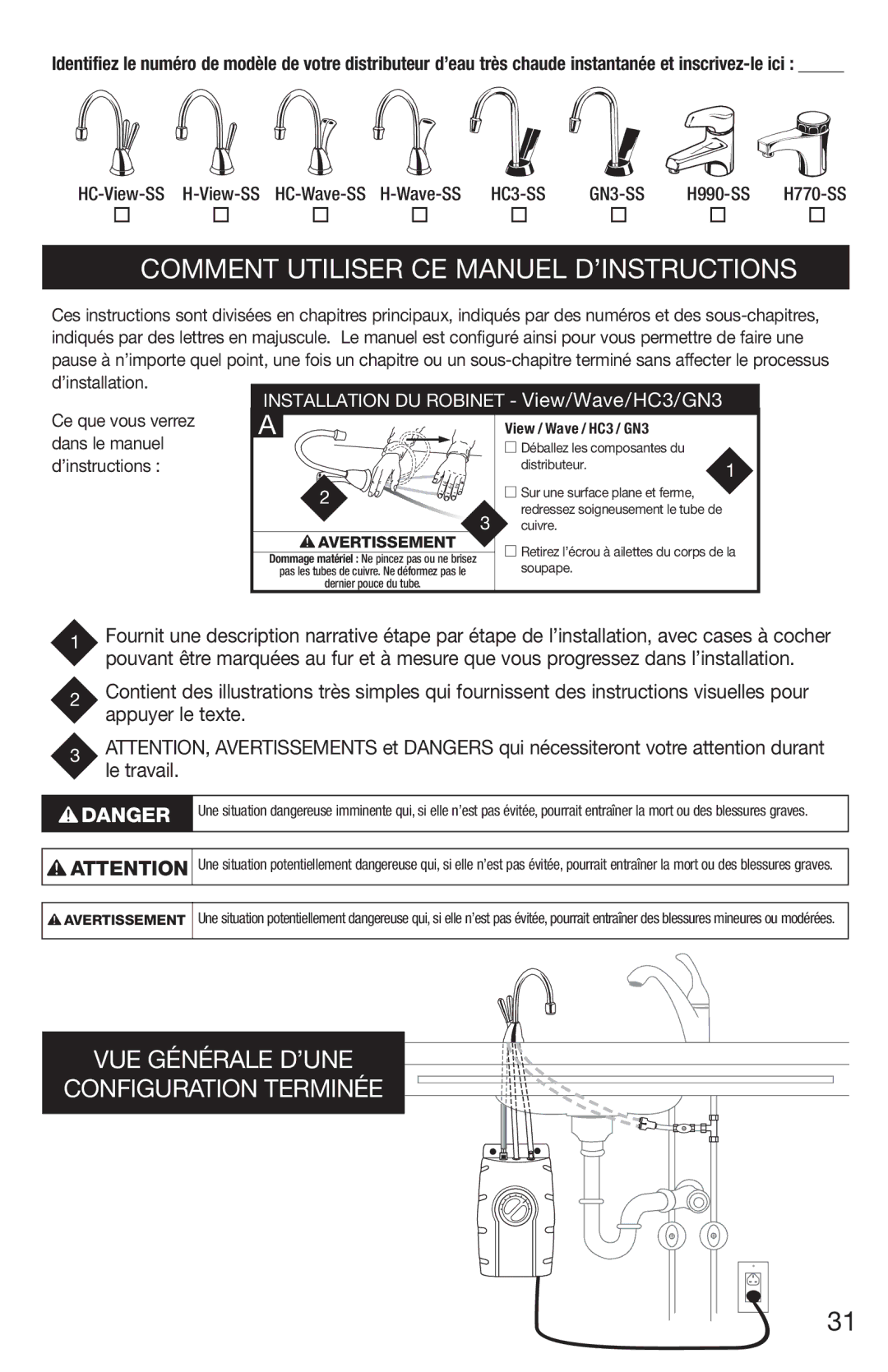 InSinkErator H770, HC3/GN3 owner manual ’installation, Ce que vous verrez dans le manuel d’instructions 