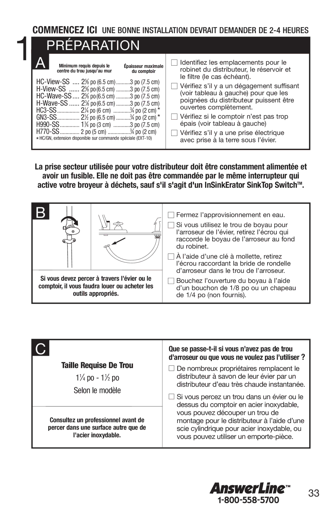 InSinkErator H770, HC3/GN3 owner manual Préparation, 21⁄4, 21⁄2, 13⁄4, Po 7.5 cm 