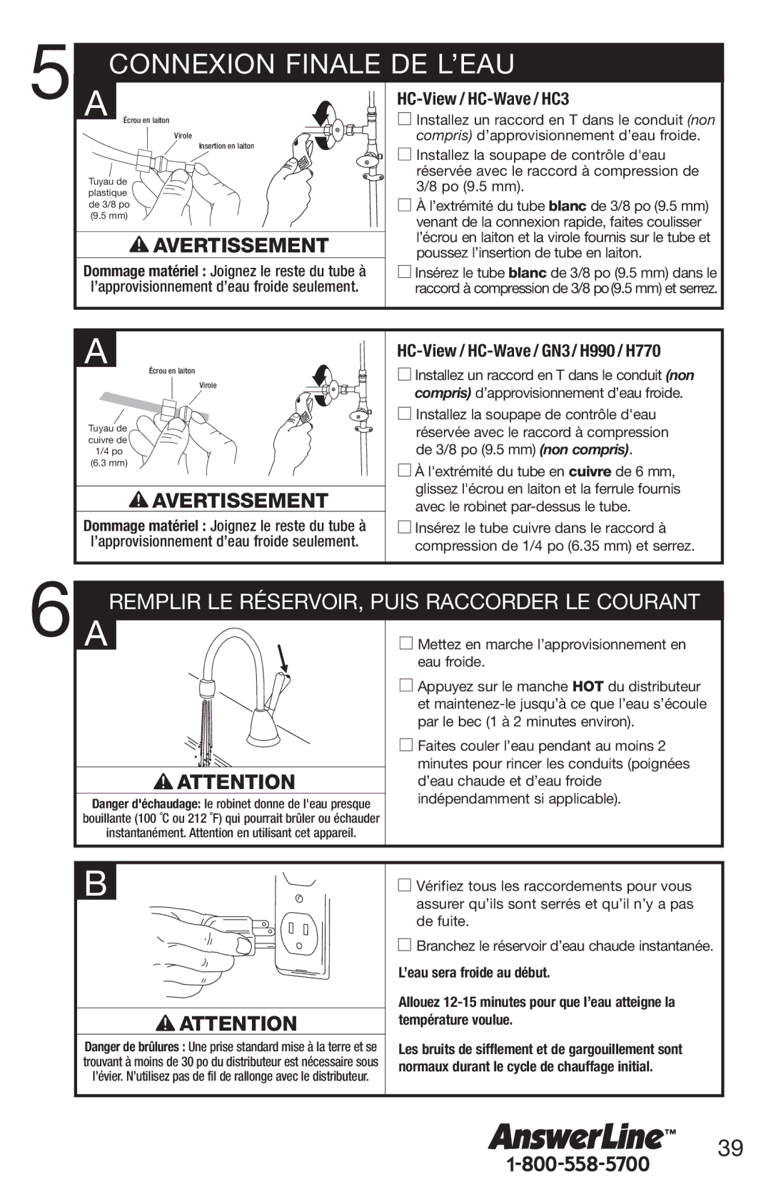 InSinkErator HC3/GN3 owner manual Connexion Finale DE L’EAU, HC-View / HC-Wave / GN3 / H990 / H770 