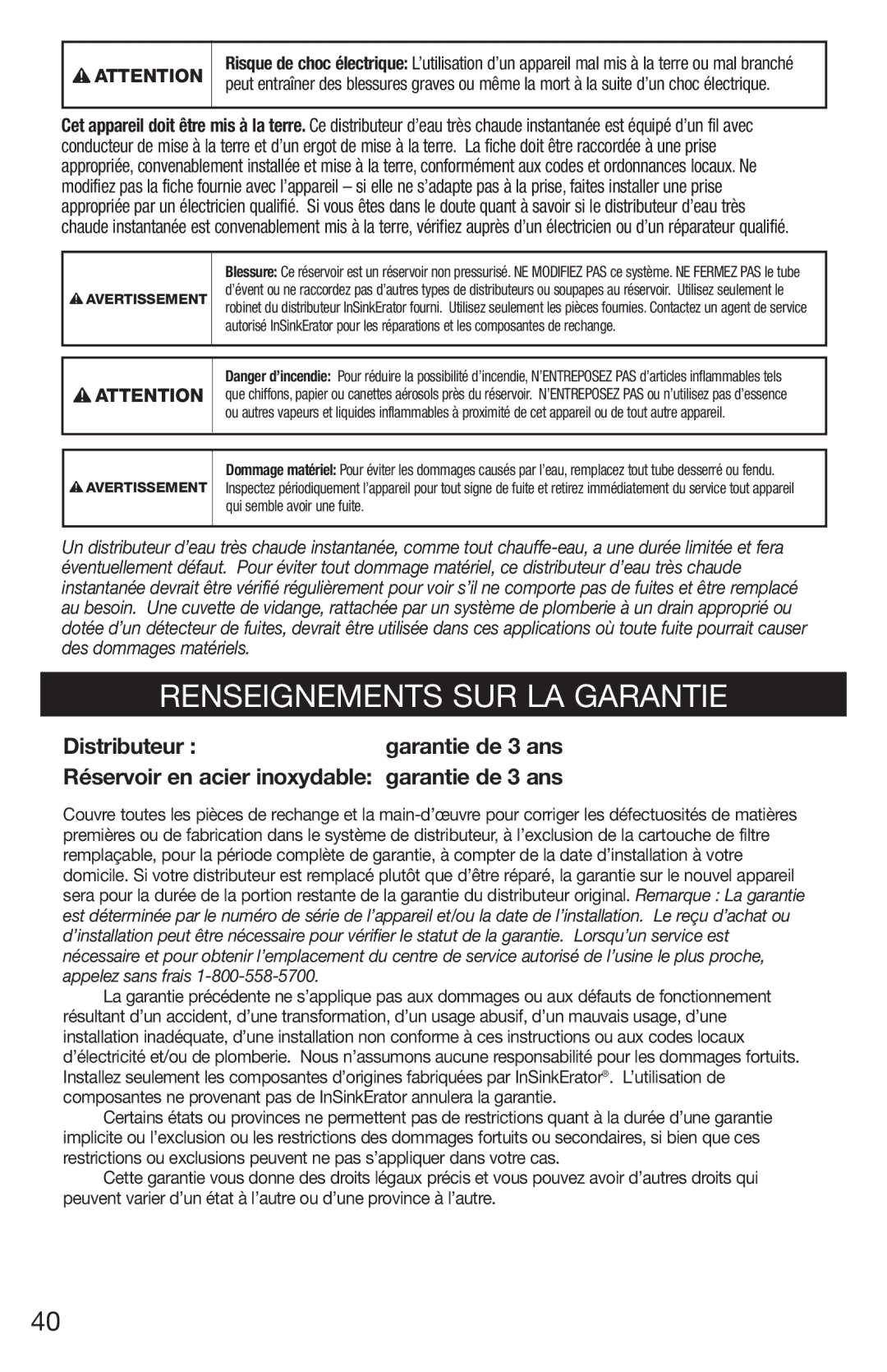 InSinkErator HC3/GN3, H770 owner manual Renseignements SUR LA Garantie, Garantie de 3 ans 