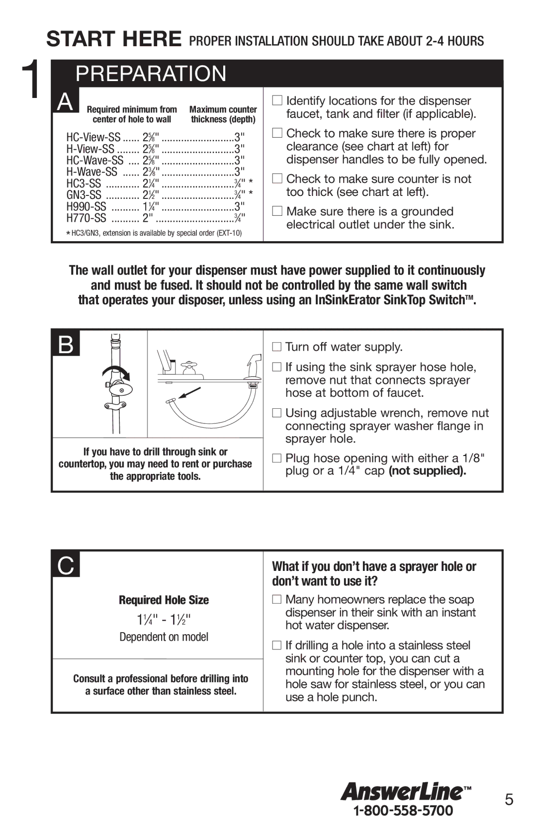 InSinkErator H770, HC3/GN3 owner manual Preparation, If you have to drill through sink or, Appropriate tools 