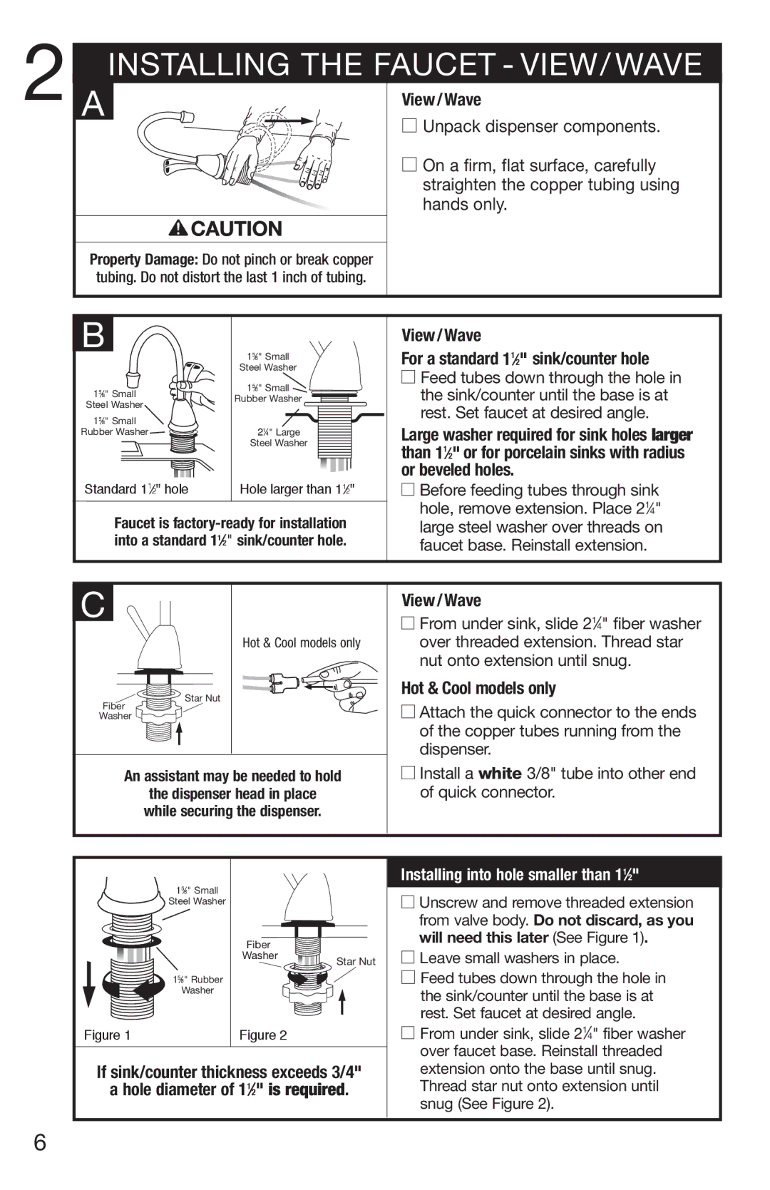 InSinkErator HC3/GN3, H770 owner manual Installing the Faucet VIEW/ Wave, View/Wave For a standard 11⁄2 sink/counter hole 