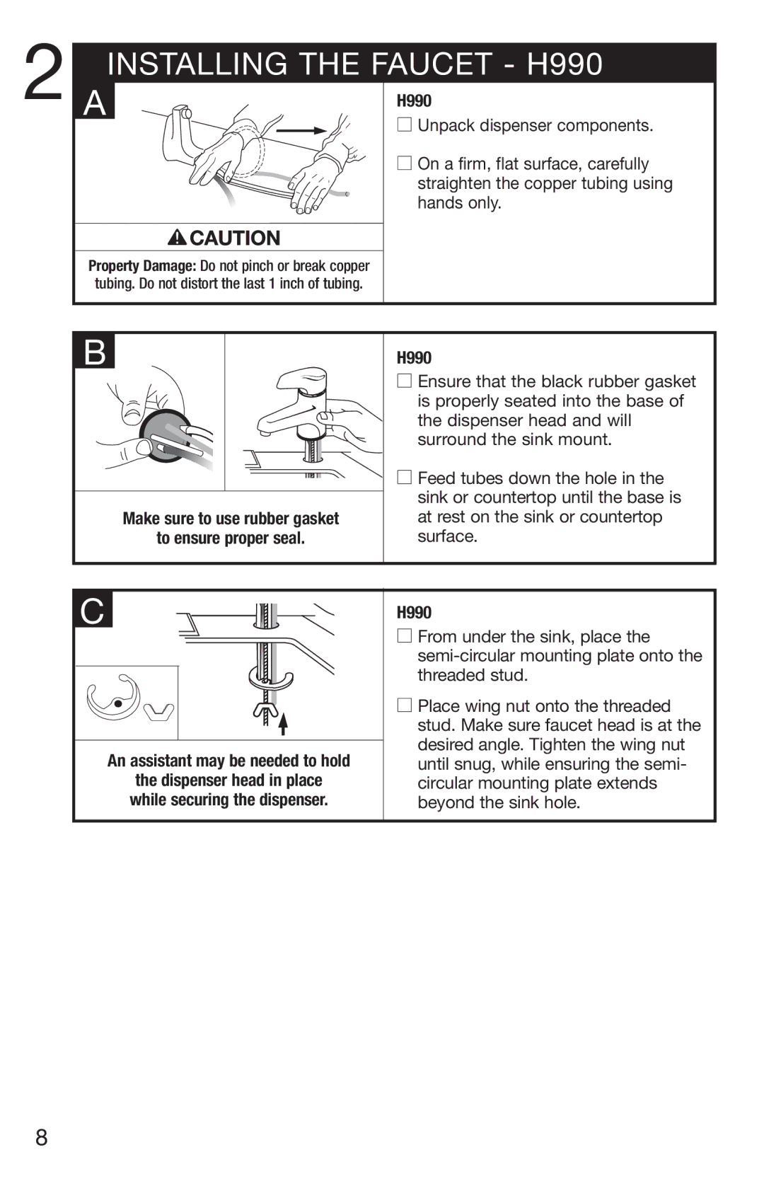 InSinkErator HC3/GN3, H770 Installing the Faucet H990, Make sure to use rubber gasket To ensure proper seal H990 