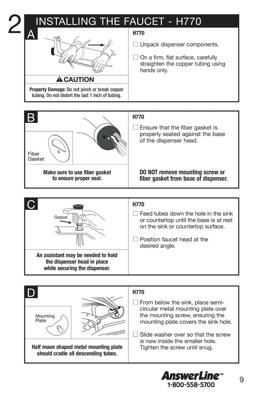 InSinkErator HC3/GN3 owner manual Installing the Faucet H770, Make sure to use fiber gasket To ensure proper seal H770 