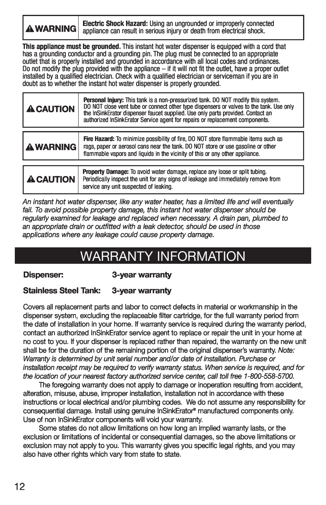InSinkErator HC3/GN3, H770 owner manual Warranty Information, Dispenser, Stainless Steel Tank 3-year warranty 
