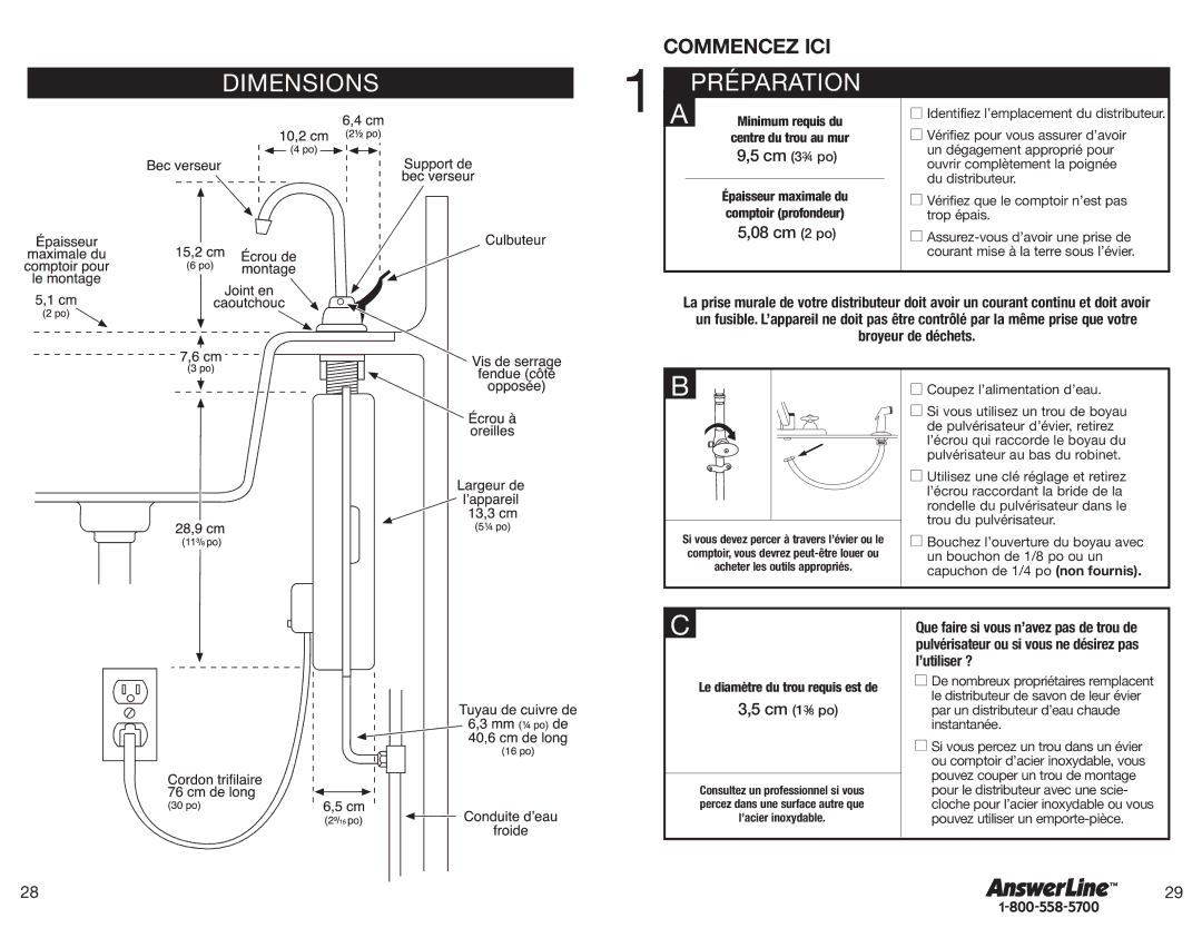 InSinkErator Hot1 owner manual DIMENSIONS1 Préparation, Minimum requis du, Centre du trou au mur 