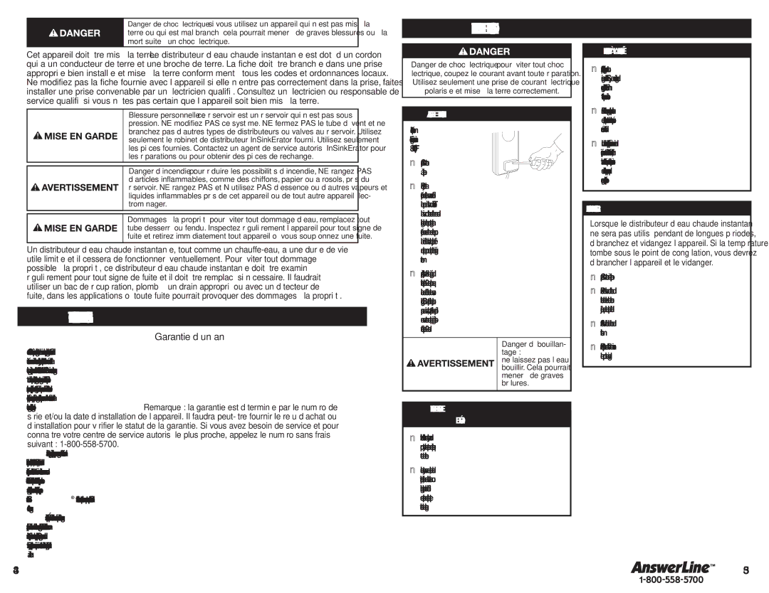 InSinkErator Hot1 owner manual Entretien ET Utilisation, Information SUR LA Garantie, Garantie d’un an, Pour ajuster la 