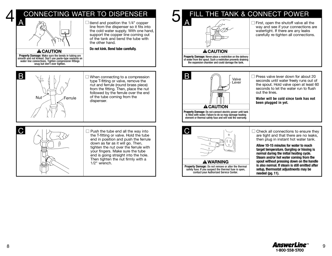 InSinkErator Hot1 owner manual Connecting Water to Dispenser, Fill the Tank & Connect Power 