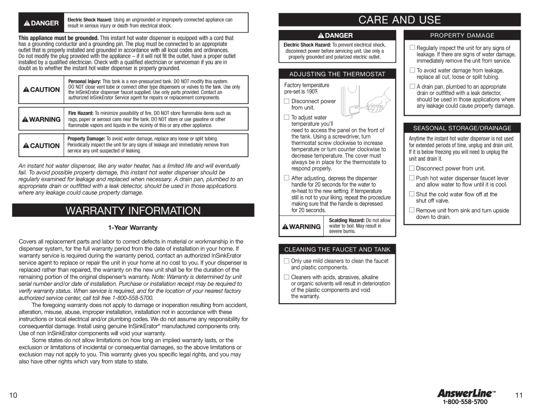 InSinkErator Hot1 owner manual Care and USE, Warranty Information, Year Warranty, Disconnect power From unit 