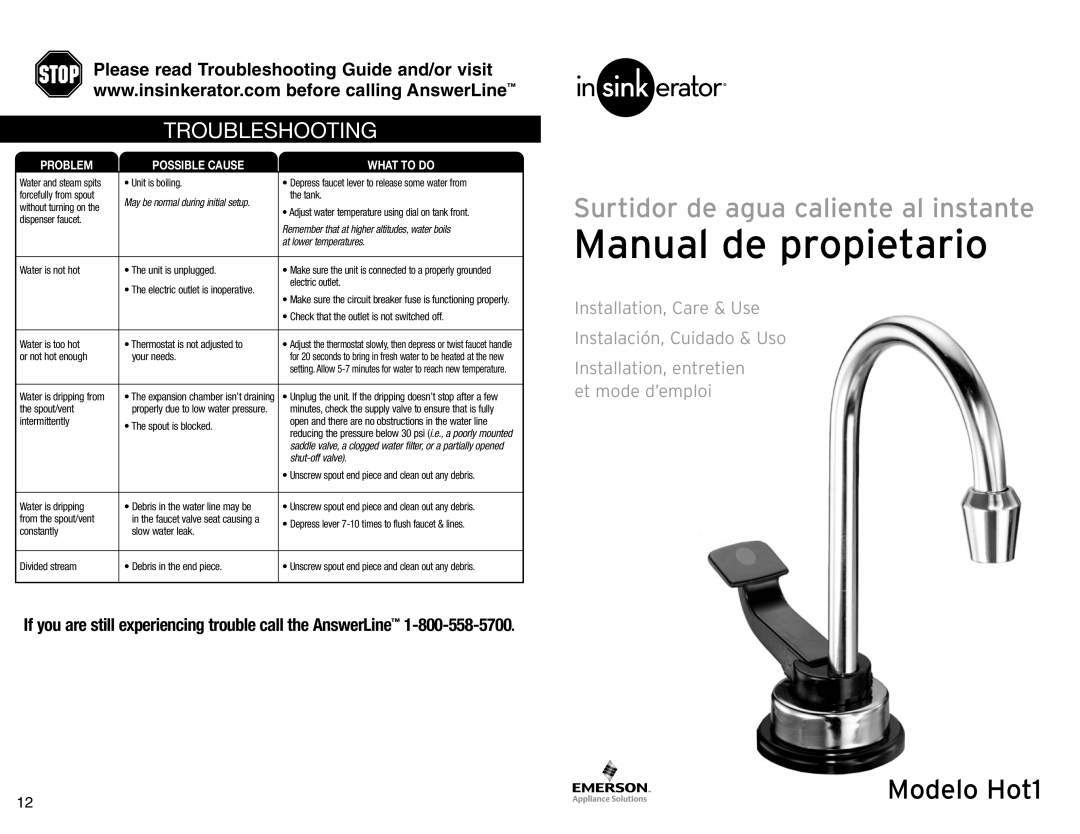 InSinkErator Hot1 owner manual Troubleshooting, Problem Possible Cause What to do 