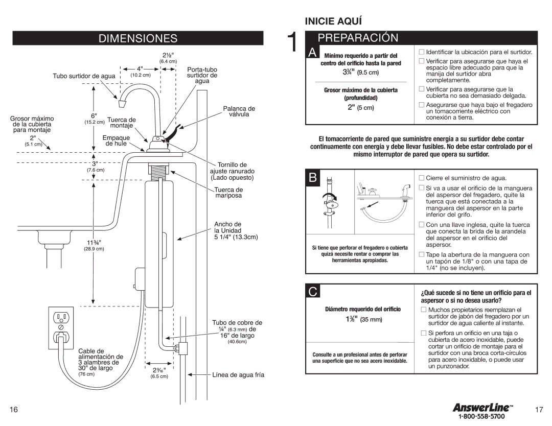 InSinkErator Hot1 owner manual Dimensiones Preparación, Mínimo requerido a partir del 