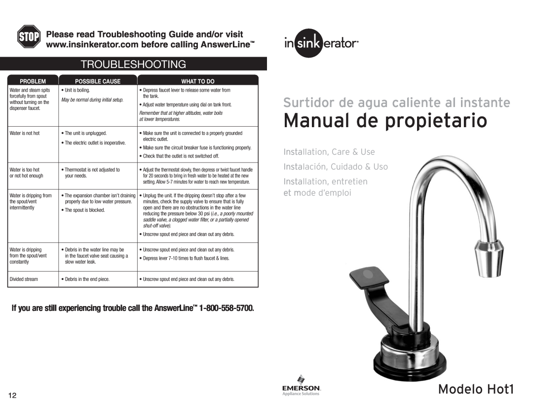InSinkErator Manual de propietario, Surtidor de agua caliente al instante, Modelo Hot1, Troubleshooting, Problem 