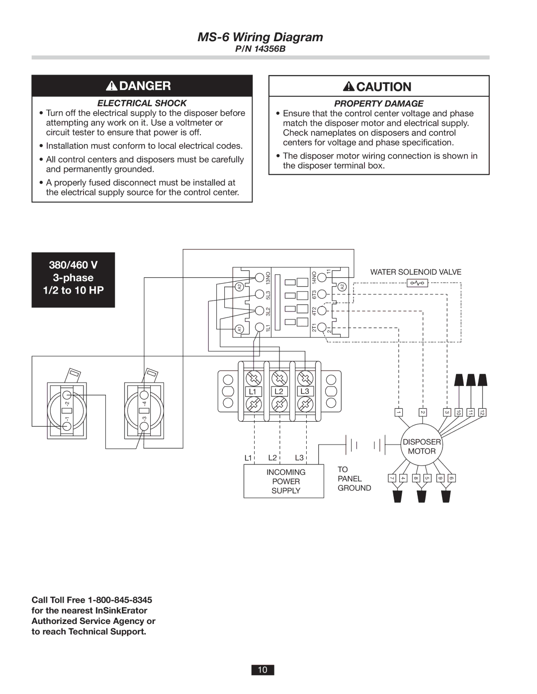 InSinkErator MS installation manual 380/460 Phase To 10 HP, Property Damage 