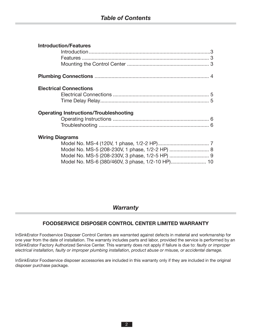 InSinkErator MS installation manual Table of Contents, Warranty 