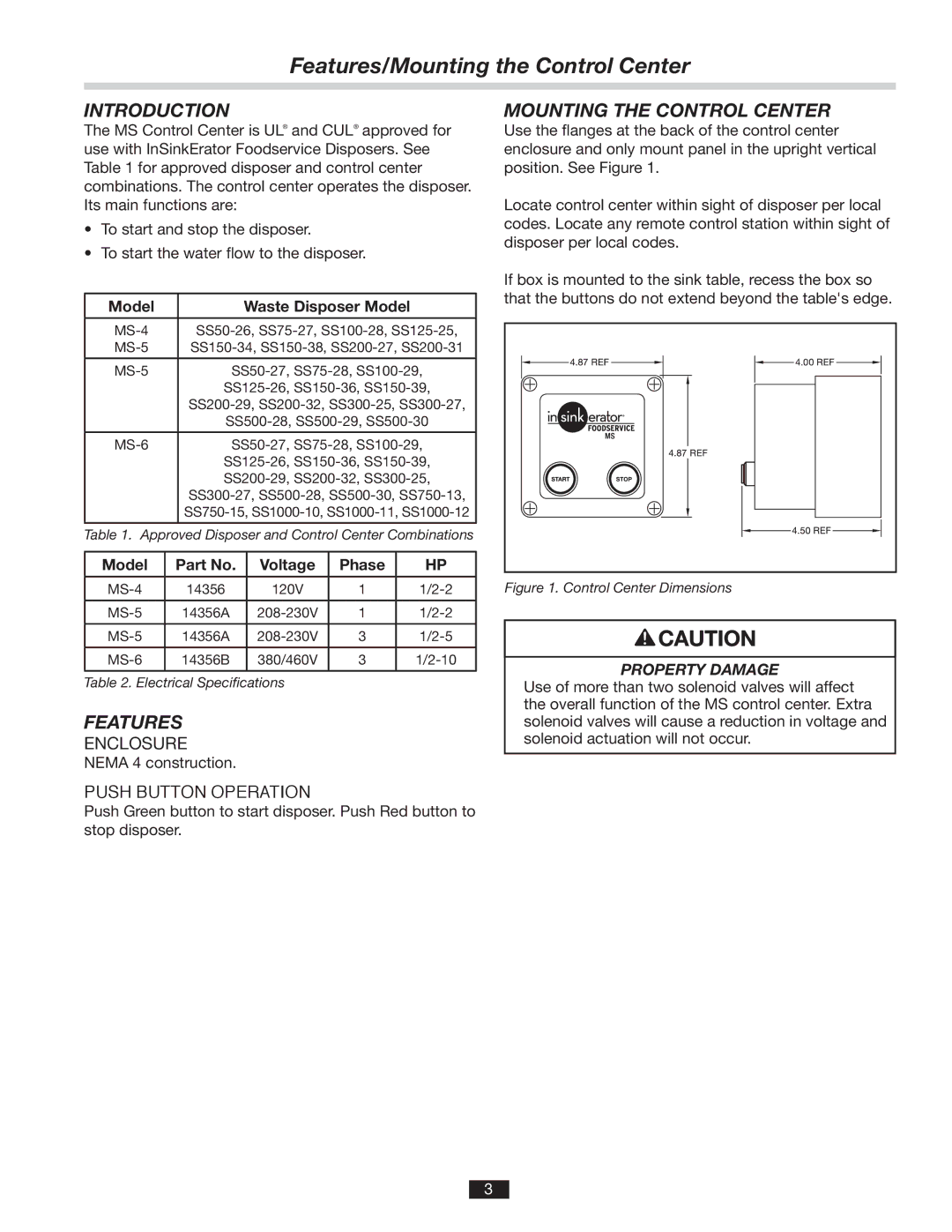 InSinkErator MS installation manual Features/Mounting the Control Center, Introduction, Property Damage 