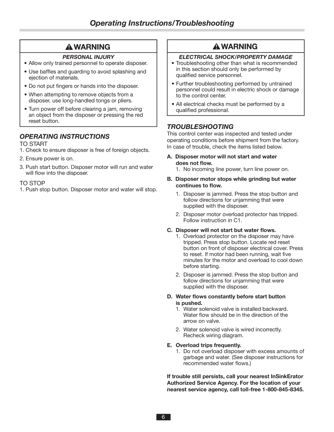 InSinkErator MS Operating Instructions/Troubleshooting, Personal Injury, Electrical SHOCK/PROPERTY Damage 