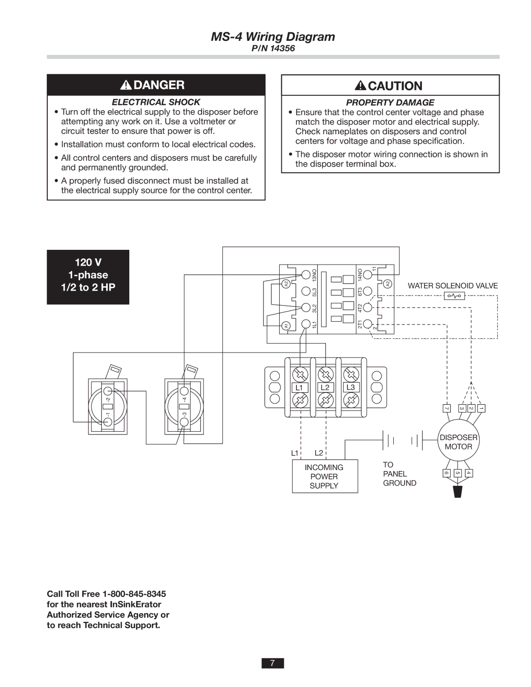 InSinkErator installation manual MS-4 Wiring Diagram, Phase To 2 HP, Electrical Shock 