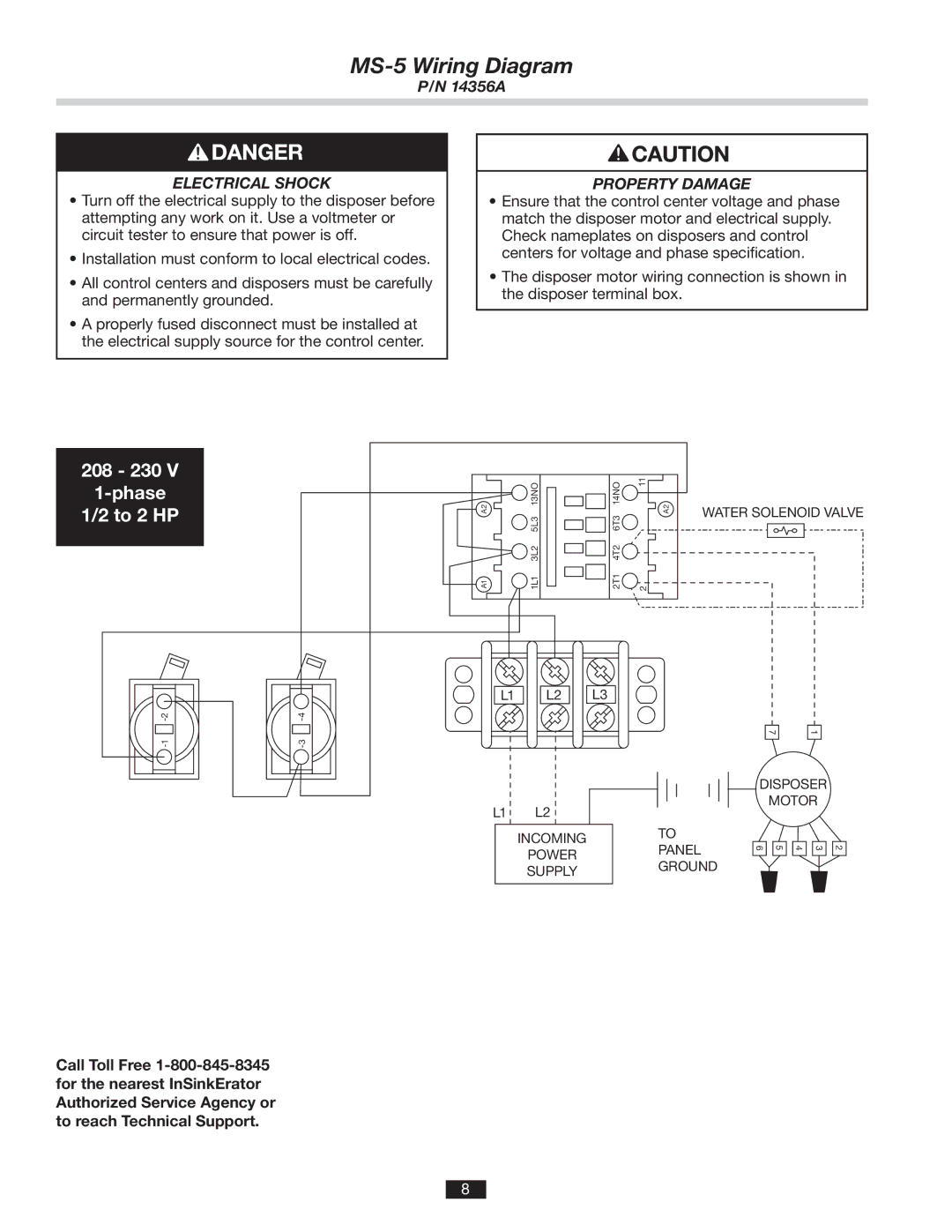 InSinkErator installation manual MS-5 Wiring Diagram, 208 230 Phase To 2 HP 