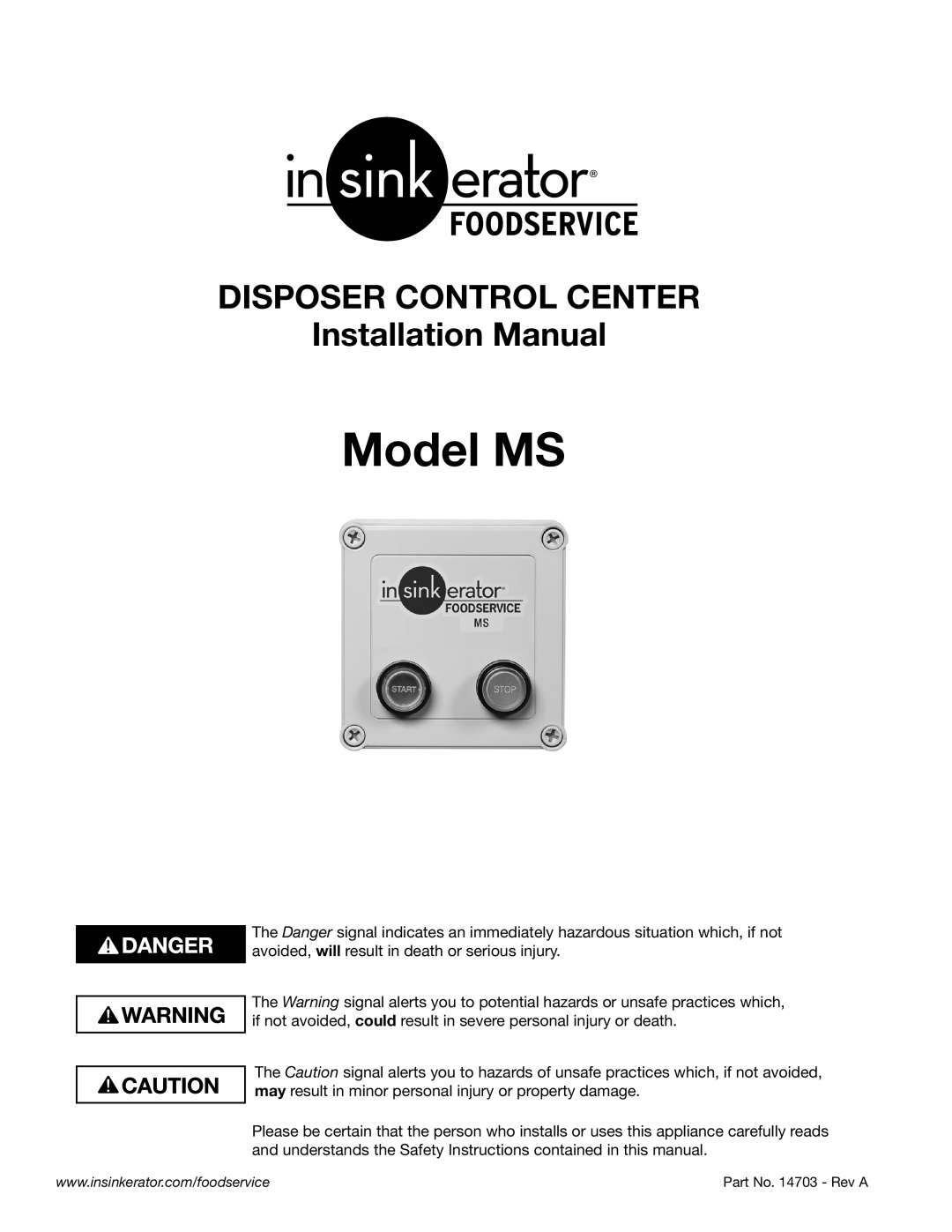 InSinkErator installation manual Model MS, DISPOSER CONTROL CENTER Installation Manual 