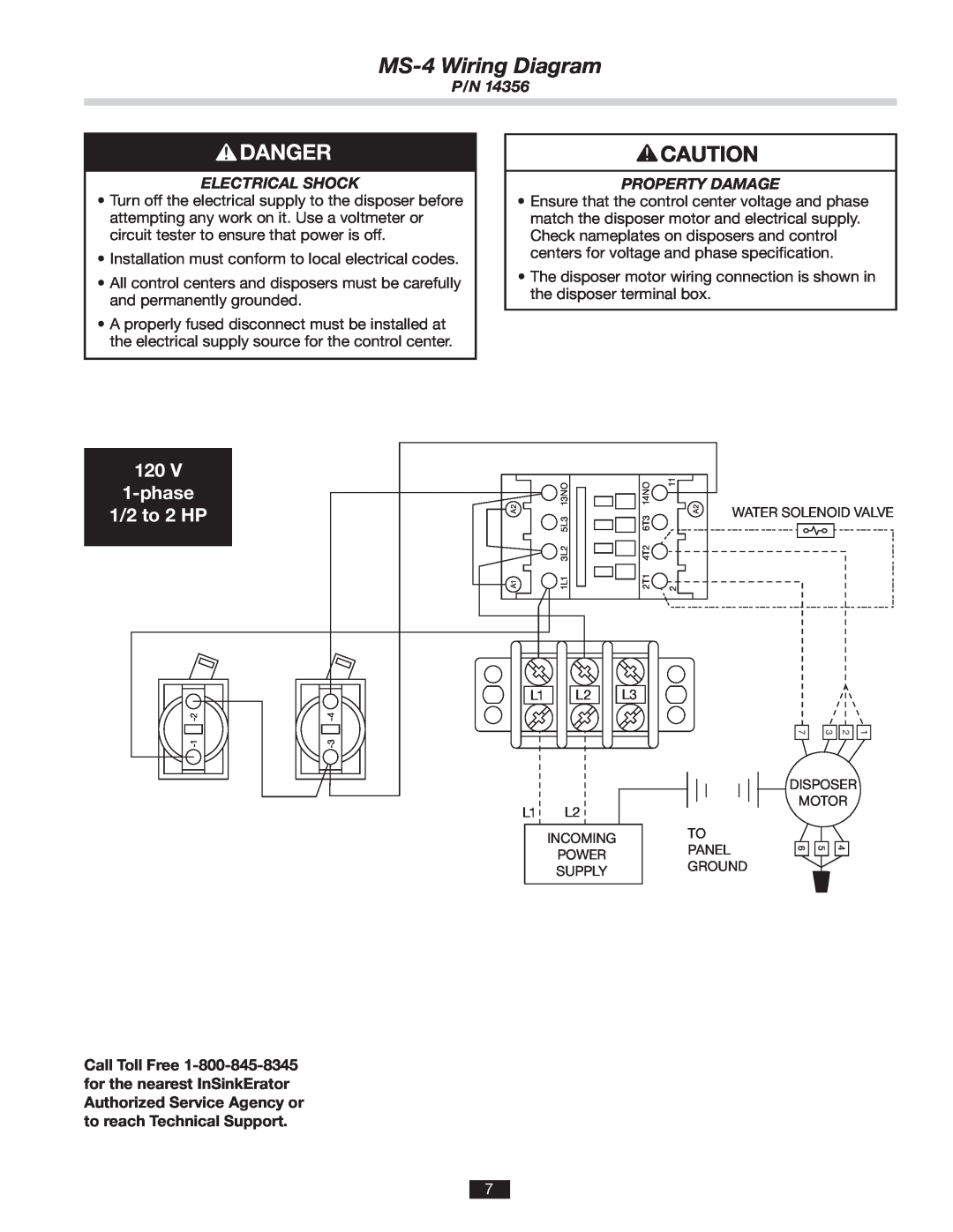InSinkErator installation manual MS-4Wiring Diagram, 120V 1-phase 1/2 to 2 HP, Electrical Shock, Property Damage 