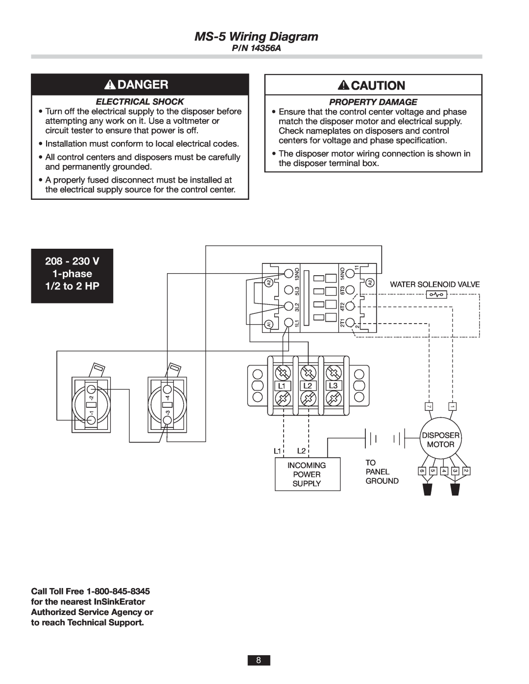 InSinkErator MS-5Wiring Diagram, 208 - 230 1-phase 1/2 to 2 HP, P/N 14356A, Electrical Shock, Property Damage 