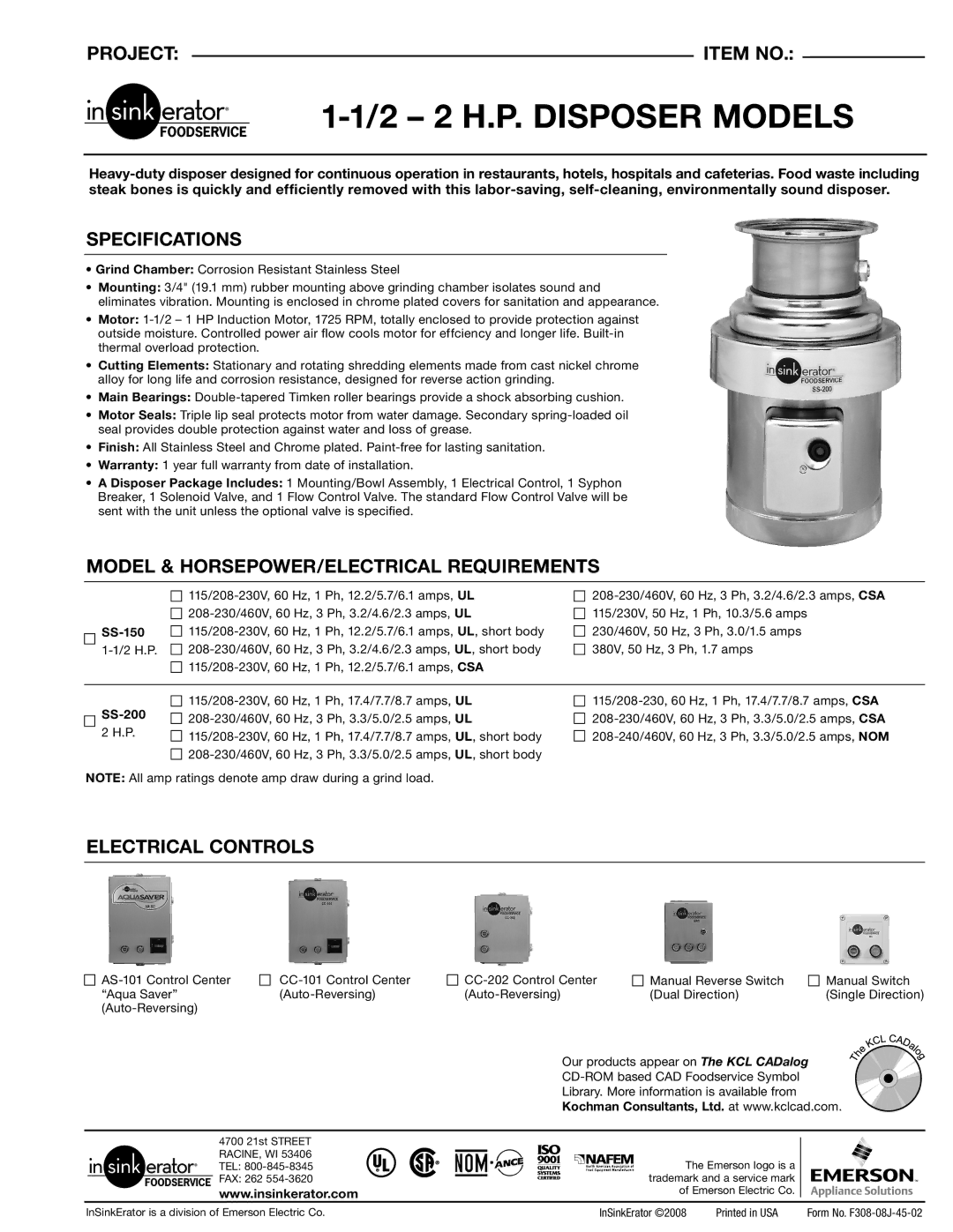 InSinkErator SS150 to SS200 specifications Project Item no, Specifications, Model & HORSEPOWER/ELECTRICAL Requirements 