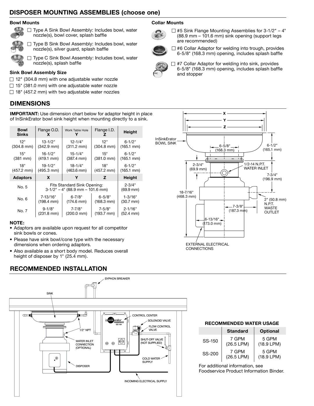 InSinkErator SS150 to SS200 specifications Dimensions, Recommended Installation 