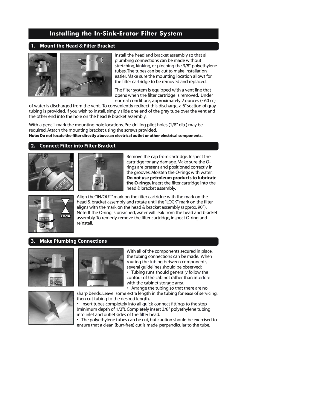 InSinkErator Water Dispenser owner manual Installing the In-Sink-Erator Filter System, Mount the Head & Filter Bracket 