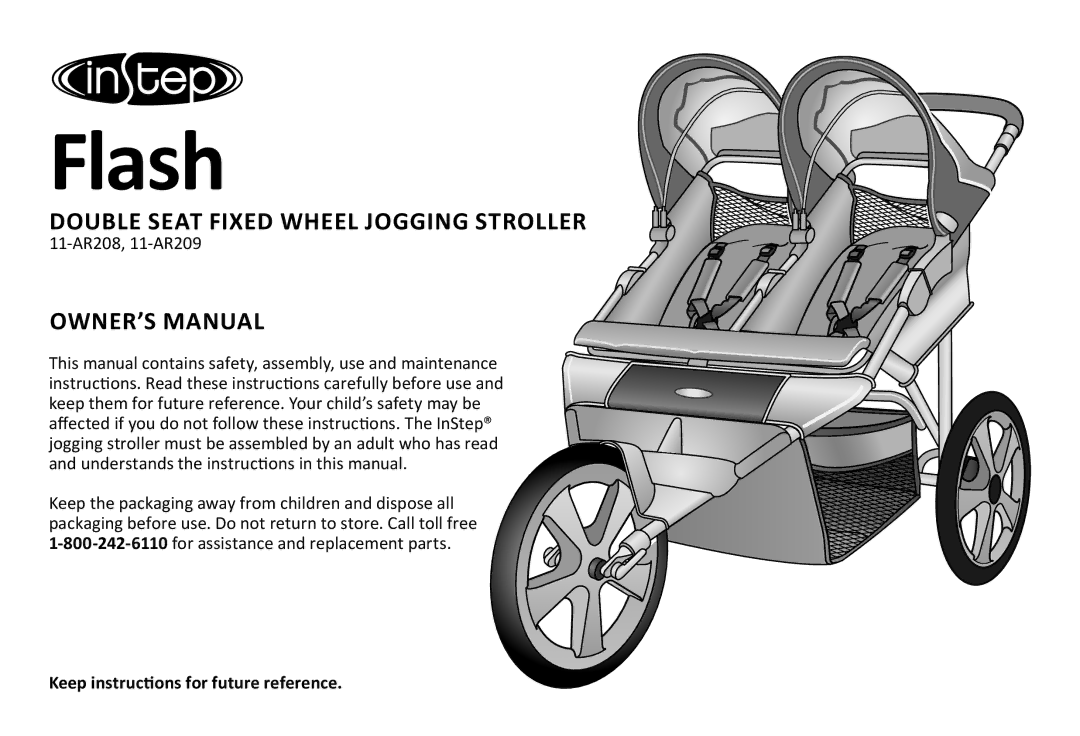 InStep 11-AR208, 11-AR209 manual Flash, Double Seat Fixed Wheel Jogging Stroller 