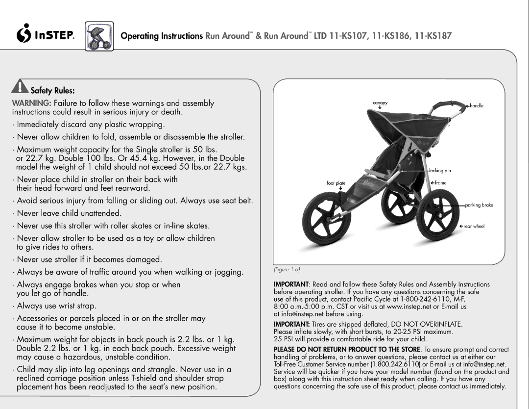 InStep 11-KS186, 11-KS107, 11-KS187 manual PSI will provide a comfortable ride for your child 